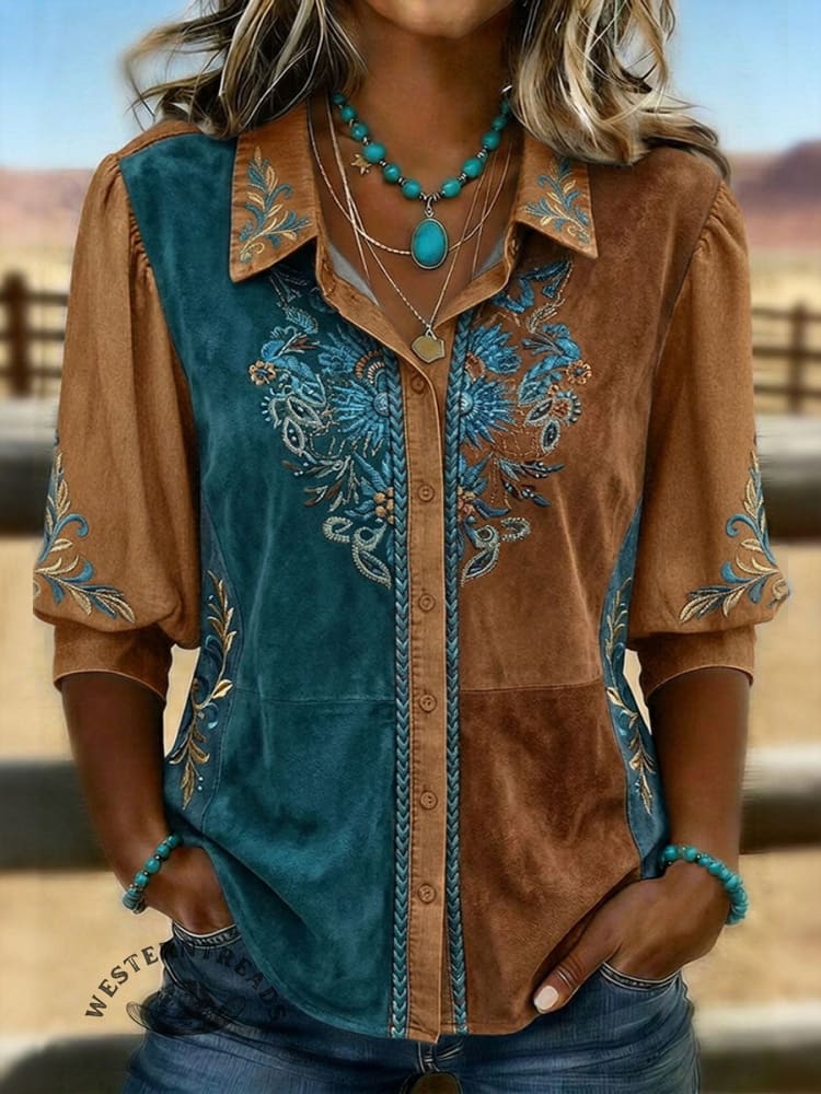Vintage Western Art Print Casual Puff Sleeve Denim Shirt