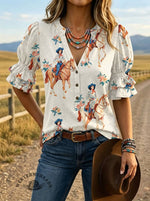 Women's Vintage Art Print Puff Sleeve Casual Shirt