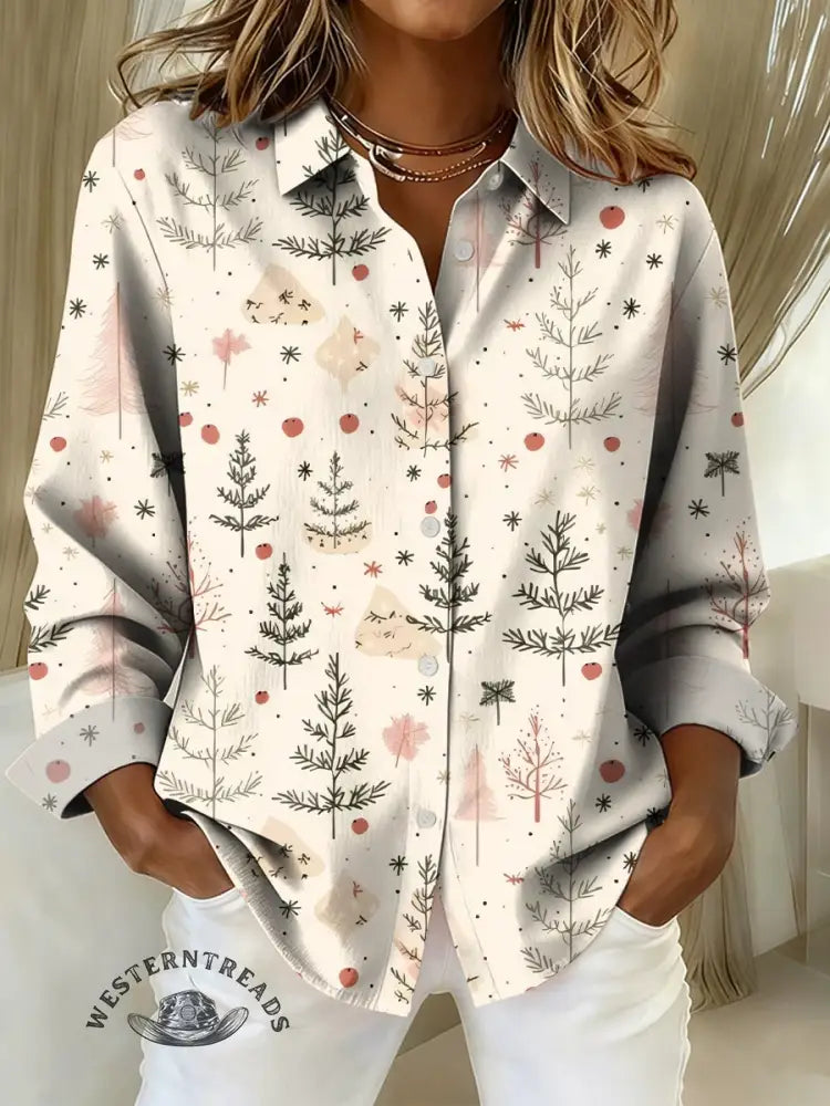 Women's Retro Christmas Print Casual Cotton Shirt