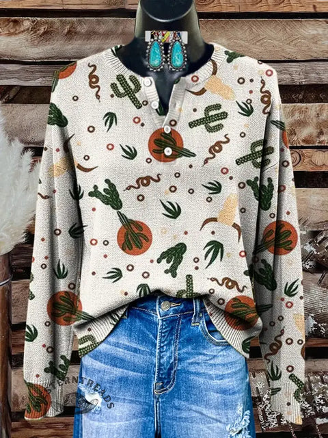 Retro Western Print Buttoned Cardigan Sweater