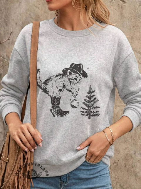 Christmas Western Cat Print Casual Cotton Sweatshirt
