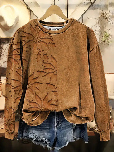 Retro Floral Art Print Casual Cotton Sweatshirt
