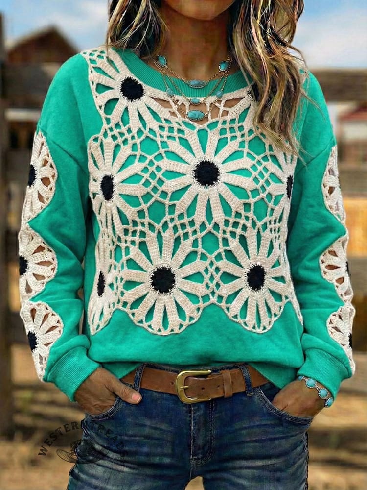 Vintage Western Art Soft Casual Crocheted Flowers Sweatshirt