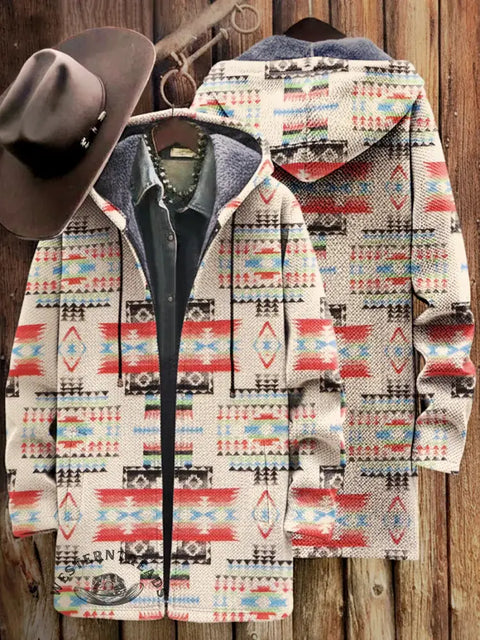 Retro Aztec Unisex Plush Thick Long-Sleeved Cardigan Coat