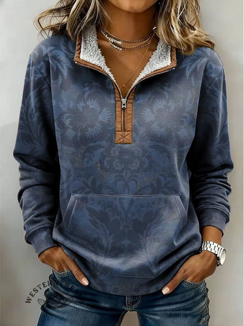 Blue Print Casual Half-zip Cotton Sweatshirt