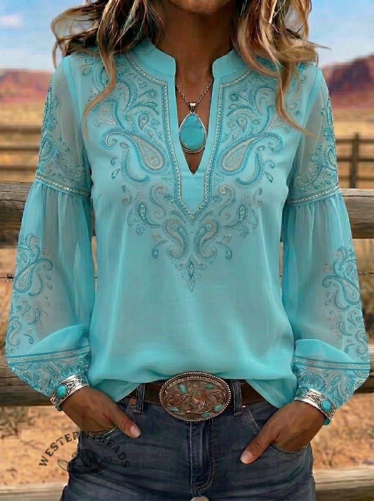 Women's Vintage Paisley Art Print Casual V-Neck Chiffon Shirt