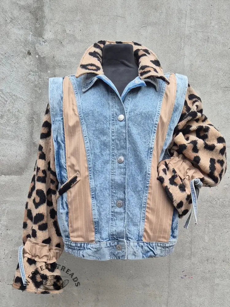 Women's Leopard Print Patchwork Knitted Denim Top