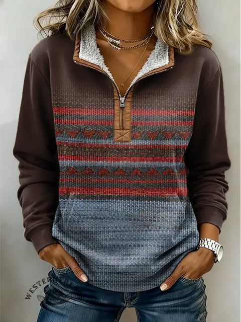 Retro Art Print Casual Half-Zip Cotton Sweatshirt