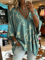 Vintage Floral Art Print Casual V-neck Denim Loose Shirt
