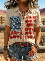 Women's Vintage American Flag Floral Print Casual Ruffle Cotton Shirt