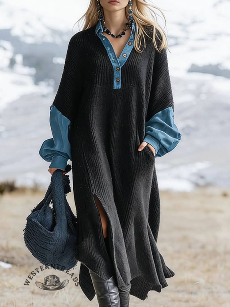 Casual Knit Denim Slit Maxi Dress
