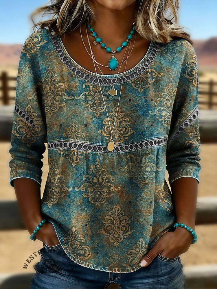 Women's Vintage Print Casual Short Sleeves Denim Shirt