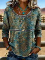 Women's Vintage Print Casual Short Sleeves Denim Shirt
