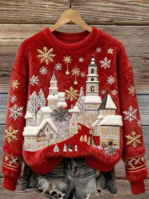Christmas Snow Scene Embroidery Art Print Cozy Plush Sweater