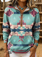 Retro Aztec Print Casual Half-zip Cotton Sweatshirt