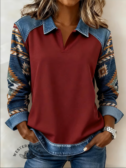 Casual Aztec patchwork denim sweatshirt