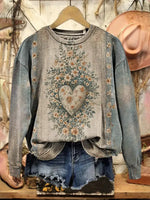 Vintage Heart Art Print Casual Cotton Sweatshirt