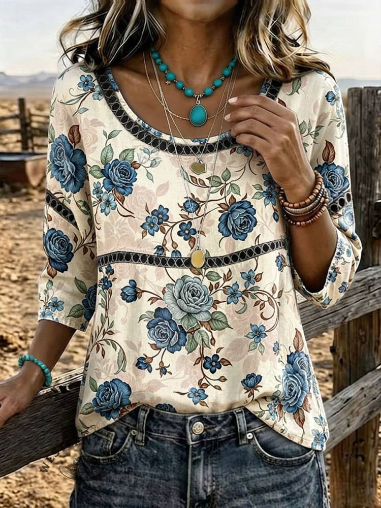 Women's Floral Vintage Print Casual 3/4 Sleeves Hollow Denim Shirt