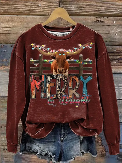 Retro Christmas Art Print Casual Cotton Sweatshirt