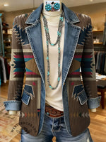 Retro Aztec Print Patchwork Denim Sweater Cardigan Coat