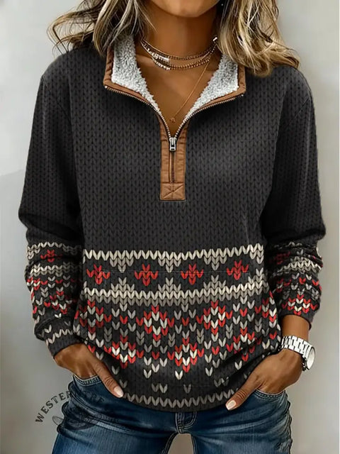 Retro Art Pattern Casual Half-Zip Cotton Sweatshirt