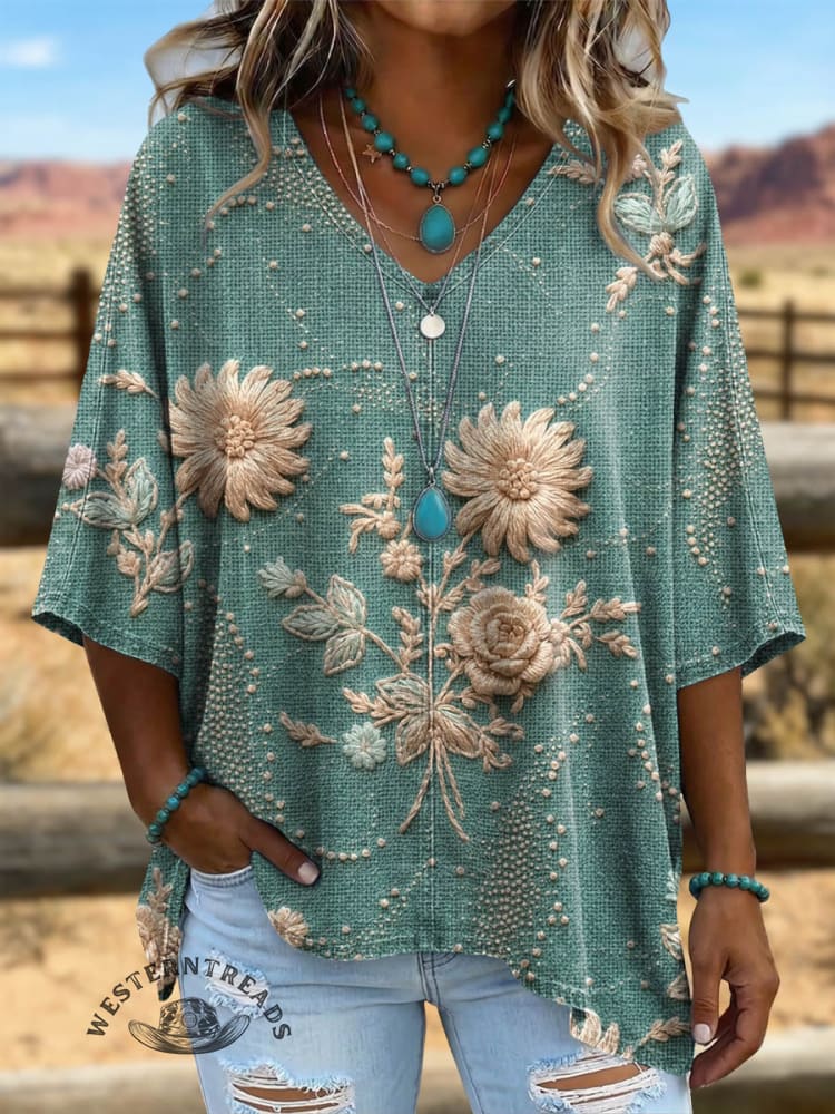 Vintage Western Art Print Casual V-neck Denim Loose Shirt