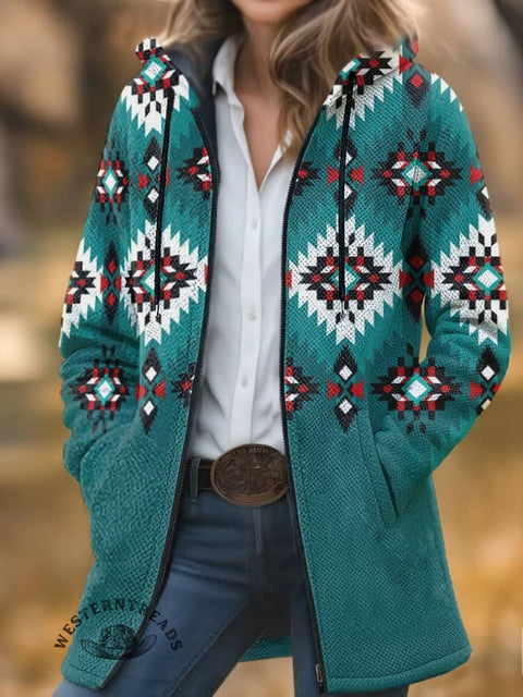 Aztec Print Unisex Plush Thick Long-sleeved Cardigan Coat