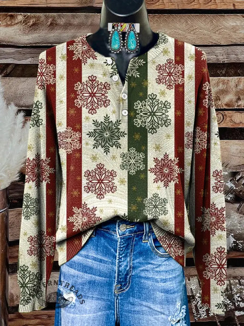 Christmas Snowflakes And Stripes Print Buttoned Cardigan Sweater