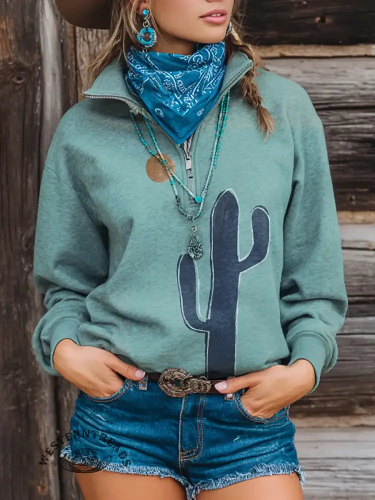 Vintage Print Casual Long Sleeve Zip Sweatshirt