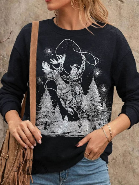 Christmas Western Cowboy Print Casual Cotton Sweatshirt