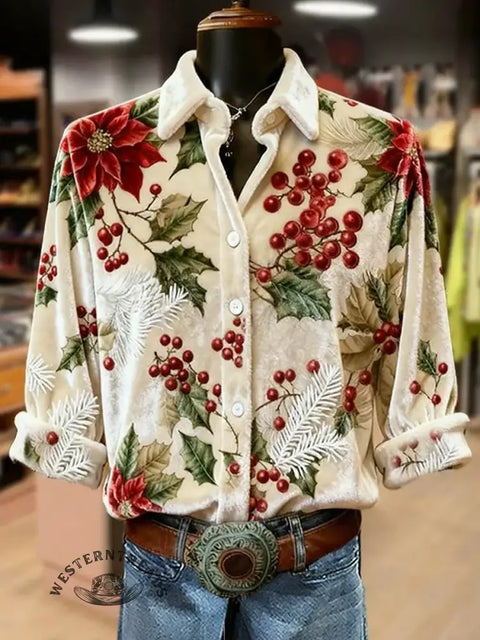 Retro Ethnic Christmas Print Collared Velvet Top