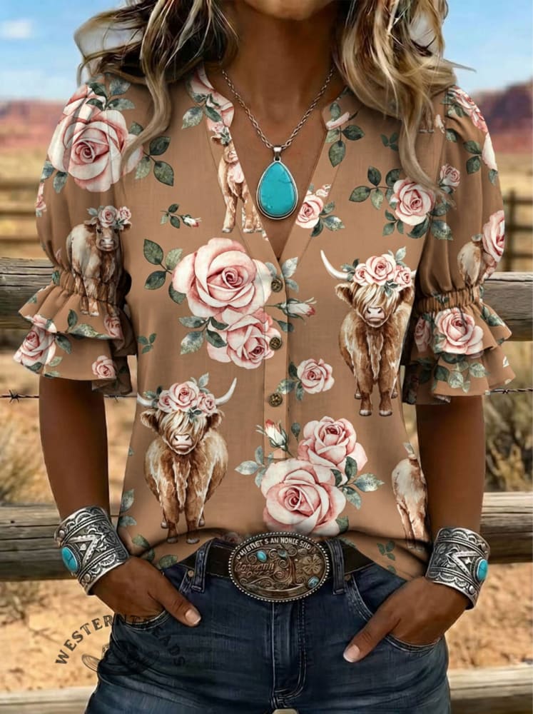 Women's Floral Cow Print Puff Sleeve Casual Shirt