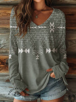 100% Cotton🍃Women's Aztec Print Casual V-neck Long Sleeve T-shirt
