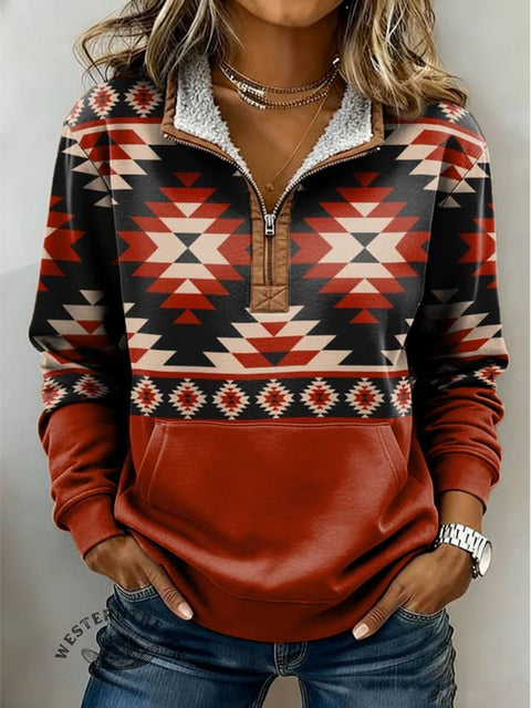 Aztec Print Casual Half-zip Cotton Sweatshirt