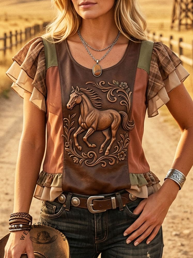 Women's Vintage Horse Art Print Casual Ruffle Top