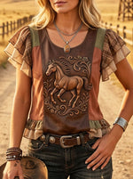 Women's Vintage Horse Art Print Casual Ruffle Top