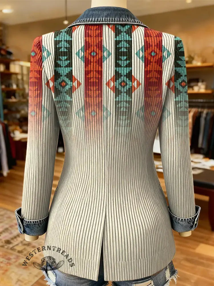 Retro Aztec Art Pattern Print Patchwork Denim Sweater Cardigan Coat