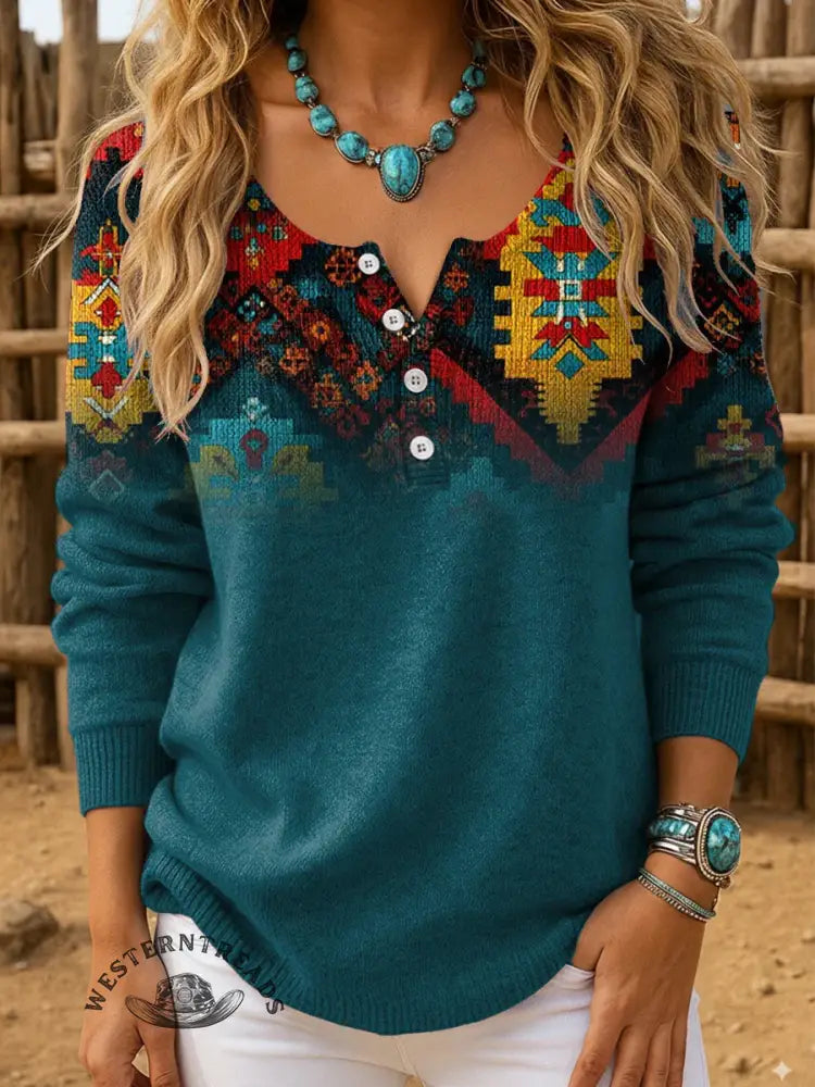 Retro Aztec Art Print Buttoned Cardigan Sweater