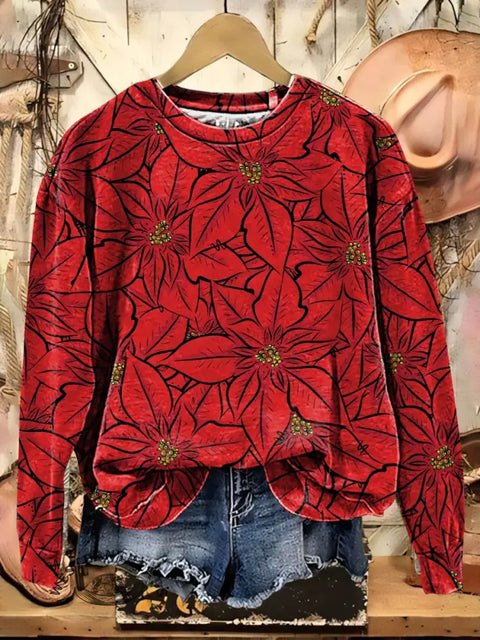 Christmas Floral Art Casual Cotton Sweatshirt