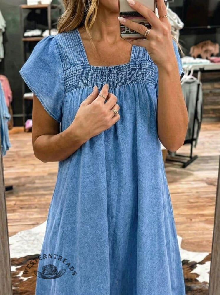 Casual Square Neck Denim Dress