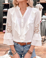Lace Patchwork Boho Blouse • Ruffled V-neck Button Top