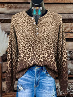 Women's Vintage Leopard Print Henley Neck Sweater Top
