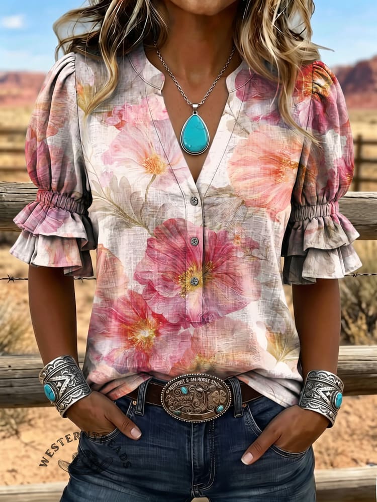 Women's Vintage Art Puff Sleeve Casual Shirt