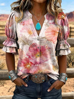 Women's Vintage Art Puff Sleeve Casual Shirt