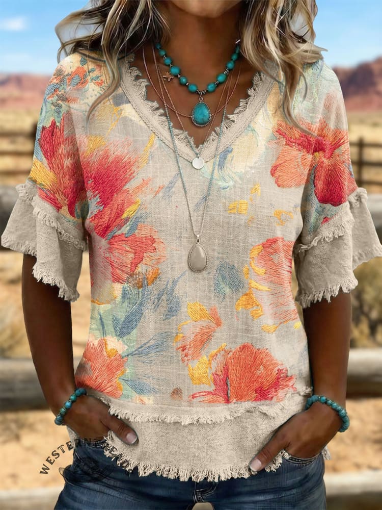 Vintage ArtPatchwork Cotton And Linen Shirt