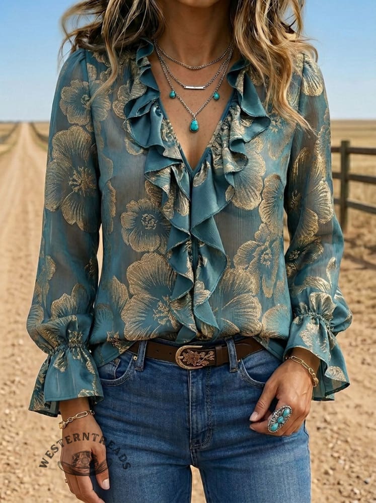 Women's Vintage Floral Print Casual Ruffle Shirt
