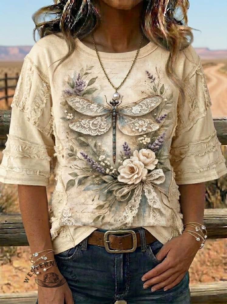 Retro Butterfly Art Print Casual Patchwork Top