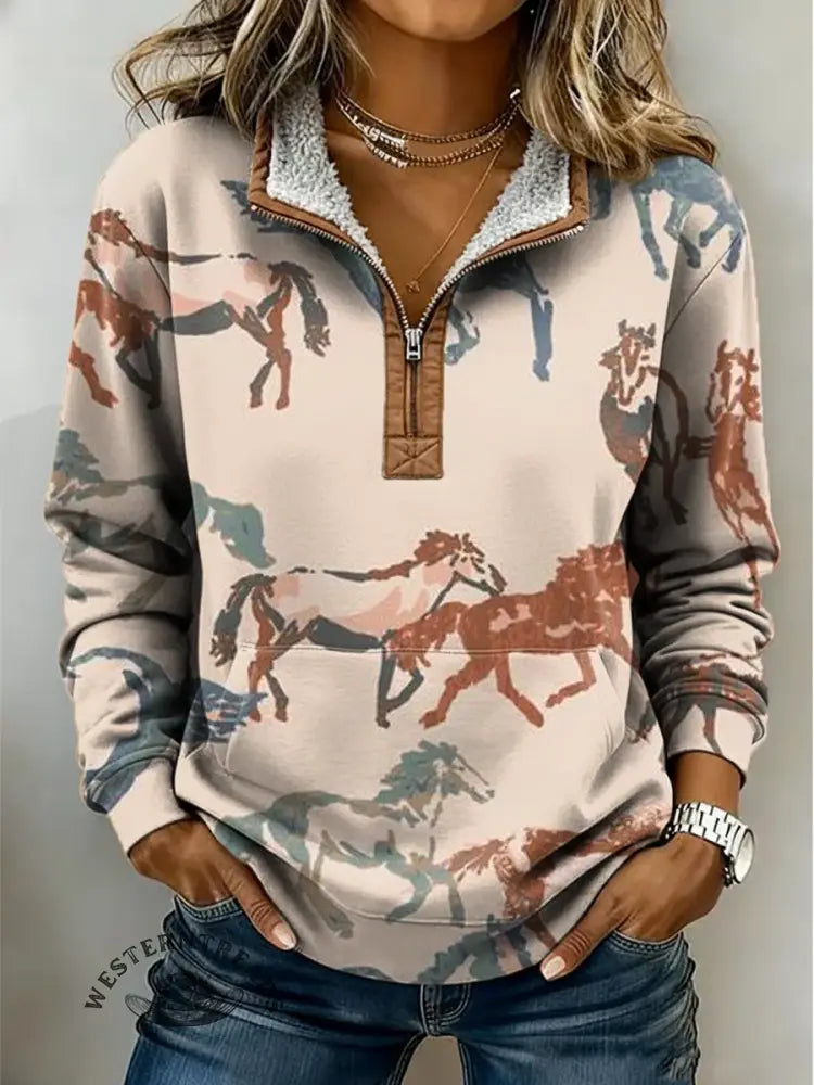 Horse Art Print Casual Half-zip Cotton Sweatshirt