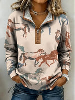 Horse Art Print Casual Half-zip Cotton Sweatshirt