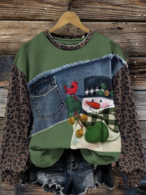 Snowman Leopard Print Denim Patchwork Casual Cotton Sweatshirt